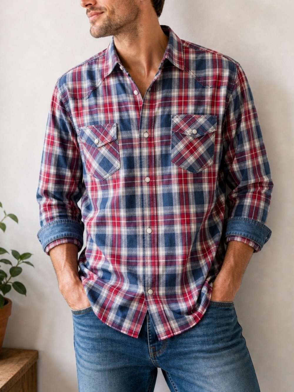 THREAD and CLOTH Red Blue Plaid Western Shirt Pearl Snap Cotton Mens L